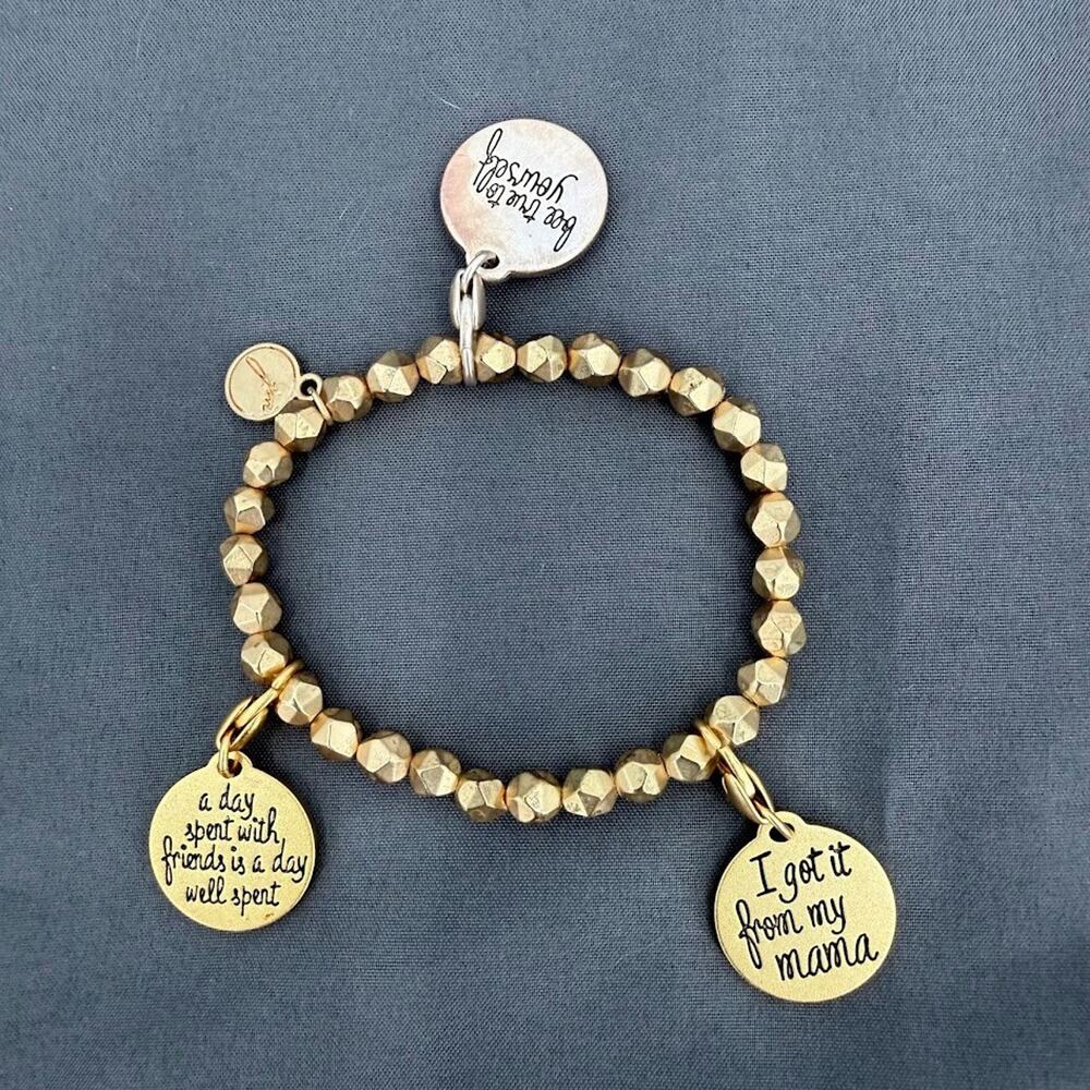 Gold Tone Charm Bracelet Beaded Stretch Inspirational Mama Coffee Bee Friends